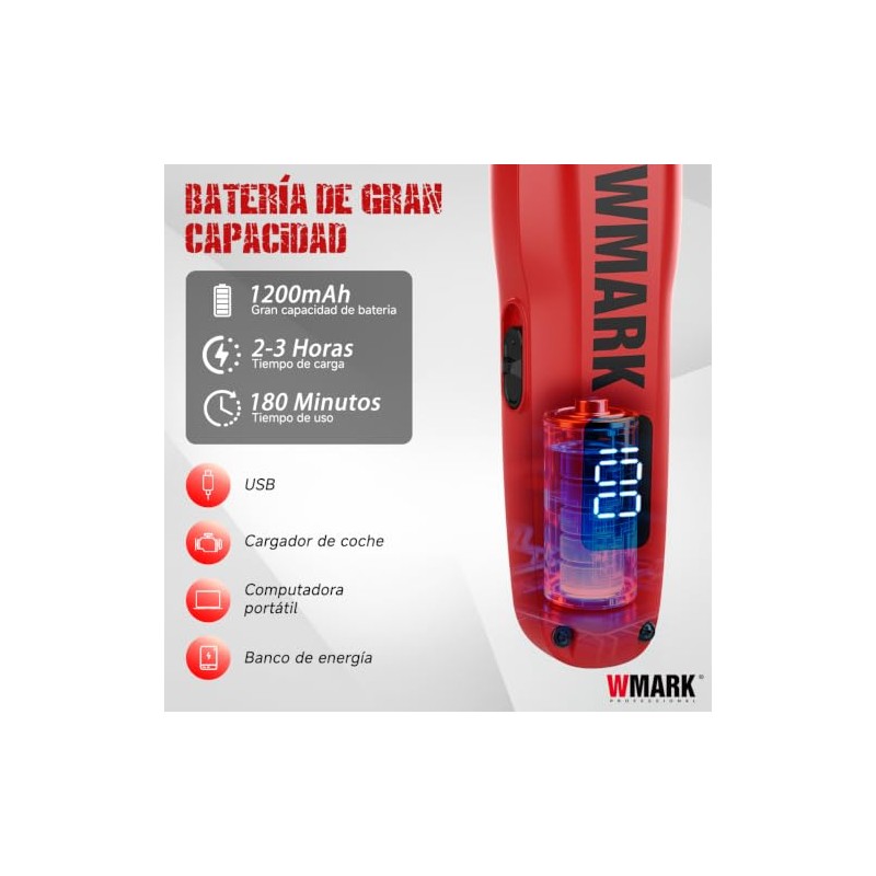 WMARK1205 Maquina Para Cortar Cabello,Profesional,Inalámbrica,7000 RPM Rojo