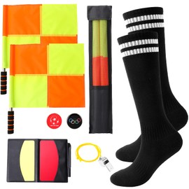 Hoemwarm 5 Pack Soccer Referee Flags Kit, Referee Accessories Set with Linesman Flags, Soccer Socks, Referees Cards, Stainless Steel Whistle, Referees Toss Coin