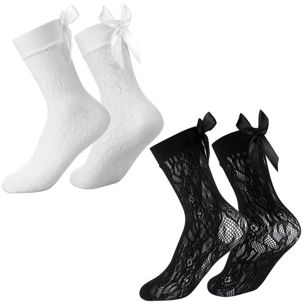 SATINIOR 2 Pairs Ankle Socks with Bow Lace Fishnet Socks Cotton Women Ankle Socks with Bows, Black, White, black, white