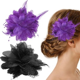 2 PCS Feather Flower Hair Clip Rose Flower Hair Clip Black Ladies Feather Flower Hair Clip Black Headpiece Elegant Hat Flower Mesh Hair Ties Fascinator Hair Accessories for Women Girls