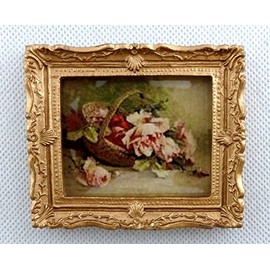Melody Jane Dollhouse Basket of Roses Picture Painting Gold Frame Miniature Accessories