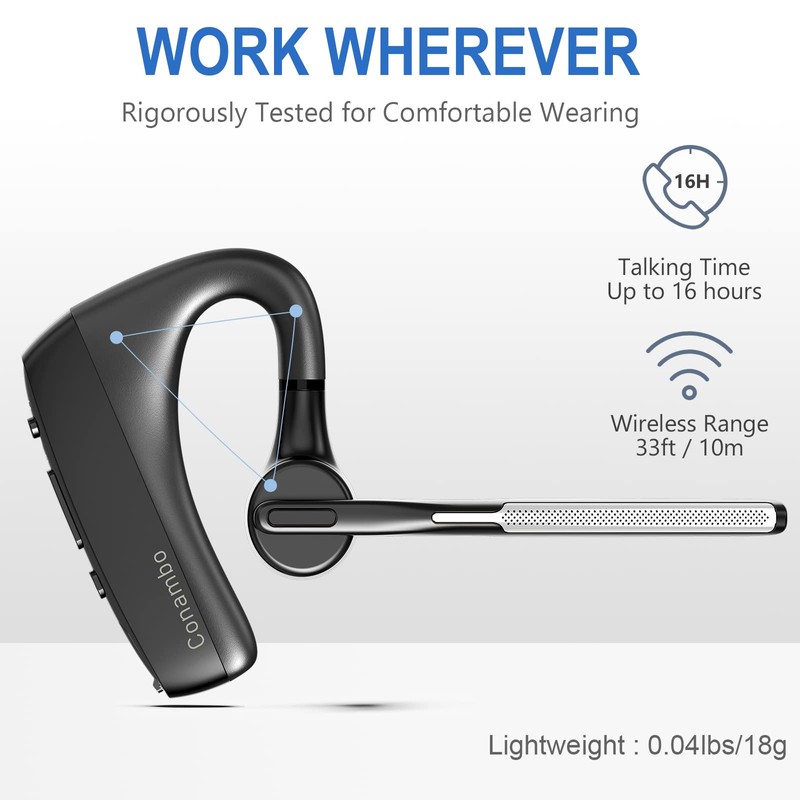 CONAMBO Bluetooth Headset V5.1, 16 Hrs HD Talktime CVC8.0 Dual