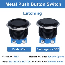 DMWD 1pc 22mm Latching Metal Push Button Switch Waterproof IP66 Anti-Vandal IK09 for 7/8" Mounting Hole Screw Terminals 12V 24V 36V DC 110V 250V AC 5A 1NO Aluminium Alloy Black