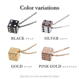 sakuto Men's Simple Gold Dice Necklace, Stainless Steel, Black, Silver, Dice, 23.6 inches (60 cm), Black, Gold, Unisex Accessory, Stainless Steel