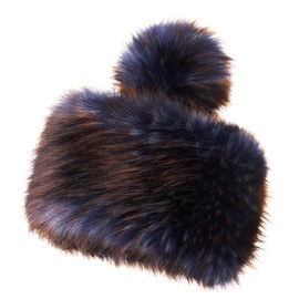 Futrzane Classic Pom Hat - Ladies Faux Fur Trim Hats - Warm Winter Cap for Women (S, Navy Blue with Brown Classic)
