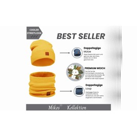 Mikos * Women's Set Hat & Loop Cotton Long Beanie Hat with Scarf Loop Autumn Winter Great Warm Stretchy Elastic Winter Hat Boys Girls Streetwear 703, mustard yellow
