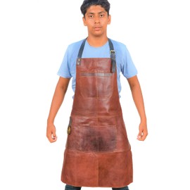 Vintage Brown Leather Apron 35"x25" – Full Grain Dual-Tone Work Apron with Adjustable Straps, Tool Pockets & Towel Ring – Unisex for BBQ, Barber, Barista, Welding, Woodworking, Crafts
