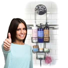 Gecko-Loc Extra Long Adjustable Hanging Shower Organizer with Deep Shelf - Over-the-Showerhead Storage for Shampoo, Soap & Bath Essentials - Durable Shower Shelves & Rack for a Tidy Bathroom (Black)