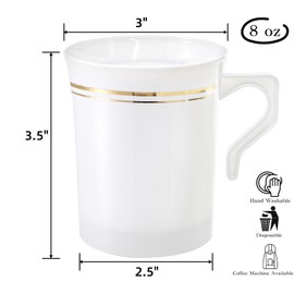 YIMITEE 48 Pack Disposable Coffee Mugs with Handle, 8 OZ Heavyweight Gold Rimmed Tea Cups, Plastic Hot Cold Beverage Drinkware for Weddings Cafe Bridal Shower Engagement Party Camping Travel, White