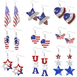 Y1tvei Patriotic 4th of July Glitter Earrings for Women - 9 Pairs American Flag Dangle Drop Earrings Heart Star USA Jewelry Red White Blue Metal Hooks Ear Accessories Gifts for Independence Day