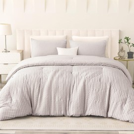 Exclusivo Mezcla Jacquard Stripe Queen Comforter Set, Reversible Lightweight Soft Light Grey Comforters Queen Size, 3 Pieces Bedding Sets with 2 Pillow Shams for All Seasons