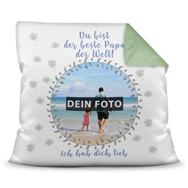 PR Print Royal Cushion with Your Own Picture and Name for Dad – Blue/Photo Collage as Gift Idea/Decorative Cushion/Decorative Cushion/Back Green with Filling