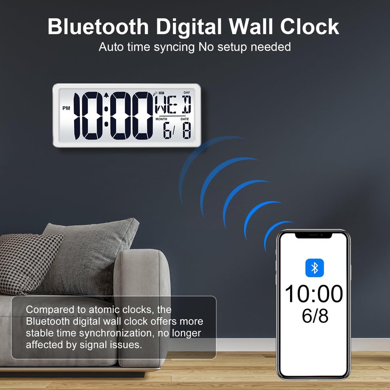 Xflyee Bluetooth Time Sync Digital Wall Clock Battery Operated with
