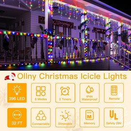 Ollny Icicle Lights for Outside 396LED 32FT, Multicolor Christmas Light with Remote 8Modes Timers Waterproof, Plug in Connectable Hanging Lights for Outdoor Indoor House Roof Holiday