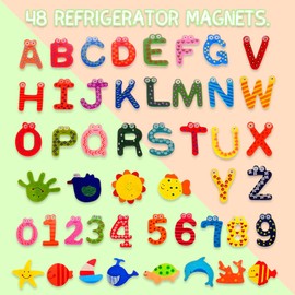 LGWJHCY 48PCS Set of Wooden Magnetic Stickers for Refrigerator Fridge Magnet Includes 26PCS Letters A-Z 10PCS Arabic Number and 12PCS Animals, for Learning and Decoration