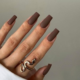 KQueenest Matte Brown Fall Press on Nails Long Medium Square, Fake Nails Press ons, Glue on Nails Coffin For Women, Natural Gel Square Tip Nails, Acrylic False Nails Set for Fall Winter Decoration