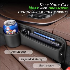 LEQBO Car Seat Gap Filler with Cup Holder,Leather Car Seat Gap Organizer,Front Car Seat Storage Box for Phones,Keys, Wallet, Sunglasses,and Drinks，fit for Driver/Passenger Seat (Black，A Pair)
