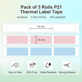 NELKO Genuine P21 Label Maker Tape, Adapted Label Print Paper, 14x40mm (0.55inchesx1.57inches), Standard Laminated Labeling Replacement, 180 Tapes/Roll, 3-Roll, White/Light Blue/Pink