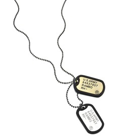 COOLSTEELANDBEYOND Silver and Bronze Two-Pieces Military Army Dog Tag with Black Silicone Pendant Necklace, 28 in Chain