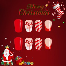 Christmas Press on Nails Short Square Fake Nails Red French Tip False Nails with Designs Bow Glossy Glue on Nails White Red Stripe Stick on Nails for Women Girls Winter Xmas Manicure 24 Pcs
