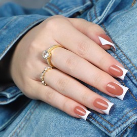 Duck Shape Press On Nails, Short Duck Nails, Glue on Nails, Stick on Nails, False Nails Solid Dark Color Fake Nails on 32PCS 16Sizes (Brown French, Duck)