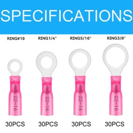 RUNCCI-YUN 120 Pieces Heat Shrink Connectors, 12 V Cable Connectors, Car Electrical Connectors, Crimping Connectors, Ring Cable Lugs, Eyelets, Ring Terminal for 22-16 AWG (Red/4 Sizes #10.1/4", 5/16",