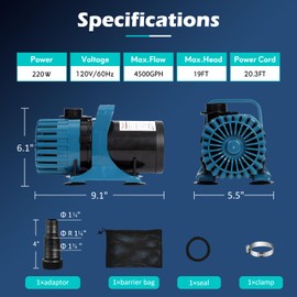 TONGCHANT 220W 4500GPH Pond Pumps for Outdoor Ponds, fountains, waterfalls & Water Garden, Pond Water Pump with 20FT Power Cord, 180° Adjustable Outlet & Barrier Bag, Ultra-Quiet, UL Listed