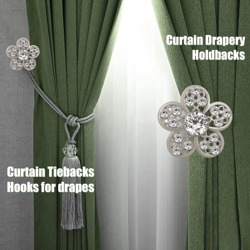 Curtain Holdbacks, Curtain Tiebacks Hooks Crystal Flower Decorative Modern Drapery