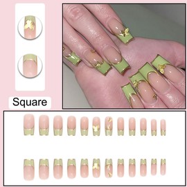 Press on Nails Medium Long Square BAOYAALIN, Green Fake Nails with 3D Gold Butterfly Charms Design Gel Glue on Nails for Women Girls Full Cover Acrylic Artificial False Stick on Nail for Wedding 24Pcs