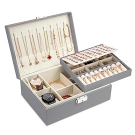 Moseem Jewellery Box Organiser for Women Girls,2-Layer Large Jewellery Organiser Box with 2 Watch Pillows,Removable Tray,PU Leather Jewellery Boxes for Earrings Rings Necklaces Watches Bracelets,Grey