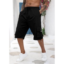 Mens Cargo Shorts Cotton Elastic Waist Capri Knee Length Multi Pocket Pants, black