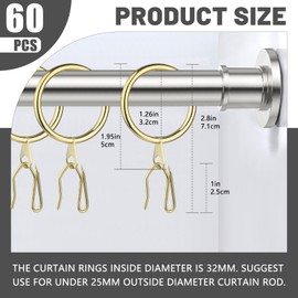60Pcs Gold Curtain Rings and 60 Pcs Curtain Drapery Pin Hooks,Gold Shower Curtain Hooks for Drapes,32mm Internal Diameter for Window, Shower Curtain