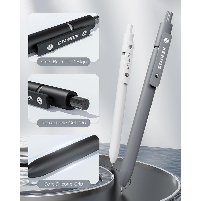 STAGEEK Black Gel Pens, 6Pcs Fine Point Smooth Writing Pens