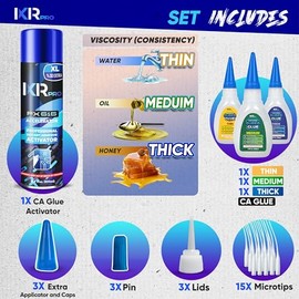 CA Glue with Activator Kit (3 x 0,84 oz. Delgado-Medio-Grueso + 16,9 fl.oz.) Pegamento y activador de cianoacrilato, acelerador de pegamento, superpeg