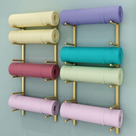 amhricho Yoga Mat Storage Rack, Wall Mounted Yoga Mat Holder, Large Capacity Storage Shelf, Multi-layer Storage, Home Hanging Storage Racks, Suitable for Home, Yoga Studio, Gym, School(Gold,3-Tier)