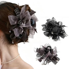 2pcs Luxury Rhinestone Bow Hair Claw Clips for Women, Large Tulle Jaw Clips with Crystal Pendant, Elegant Hair Accessories for Thick Hair, Wedding Party Prom Hairstyle