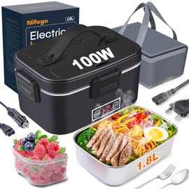 Nifogo Electric Lunch Box for Adults 100W with Temperature Display Heated Lunch Box Food Warmer LunchBox 1.8L Stainless Steel Container&Bag 12V/24V/110V for Car/Truck/Work(Black)