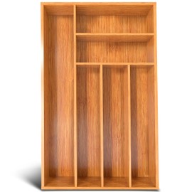 Loco Bird Cutlery Tray for Drawers Made of Bamboo, 6 Compartments, 25.5 x 35.5 x 5 cm, Adjustable Cutlery Tray for Drawers, Cutlery Organiser, Kitchen Wooden Drawer Insert, Cutlery Organiser