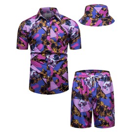 fohemr Mens Luxury Outfit Set Black Gold Shirts and Shorts 2 Piece Tracksuit Set Baroque Button Down Chain Print Suit with Bucket Hats Purple 5X-Large