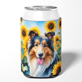 Caroline's Treasures Collie in Sunflowers Can or Bottle Hugger Cooler Washable Drink Sleeve Collapsible Beverage Insulated Holder, Can Hugger, Multicolor