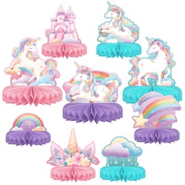 FloralGrace Unicorn Birthday Party Set, Rainbow Unicorn Table Decoration with Honeycomb Centrepiece for Unicorn Party Decoration, Pack of 9