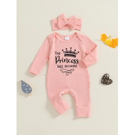 ensswliz Preemie Girls Baby Clothes Newborn Girl Outfit Ribbed Knit Jumpsuit Romper Infant Going Home Outfit Clothing and Headband (A-The Princess Has Arrived Newborn Outfit, Newborn)