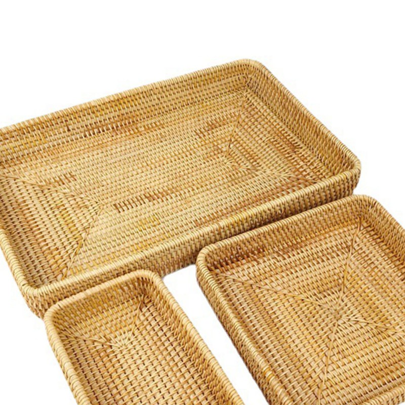 Rattan Tray Tabletop Organization Hand Woven Snack Storage Basket Multifunctional