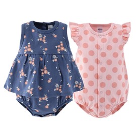 The PeanutShell Baby Girl Rompers 2 Pack - 100% Cotton Clothes and Summer Dresses for Newborn, Infant and Baby Girls - Newborn Clothes 12-18 Months - Navy Floral