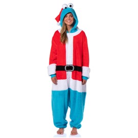 INTIMO Sesame Street Unisex Santa Cookie Monster Hooded Costume Fleece Pajama Kigurumi Union Suit For Men and Women (2X/3X)