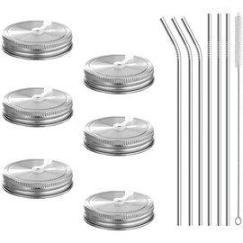 6pcs Pack 304 Stainless Steel Regular Mouth Mason Jar Lids with Straw Hole, Silicone Seals, Including 6pcs Stainless Steel Straws and 1pcs Cleaning Brush, Compatible with Ball & Kerr Mason Jars