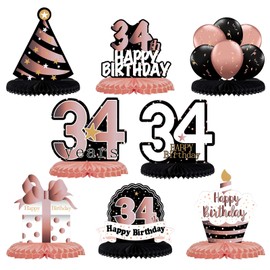LINGTEER Happy 34th Birthday Rose Gold Table Honeycomb Centerpieces Cheers to 34th Birthday 34 Years Old Party Table Decorations Gift Sign.