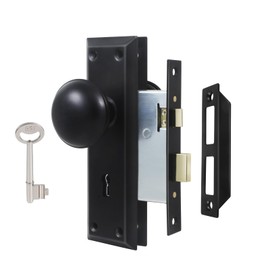 ToPToToo Mortise Lock Set for Interior Door, Vintage Antique Door Knobs with Lock and Skeleton Key, Old Door Knob Replacement Fits 1-3/8 in 1-3/4 in, Matte Black Finish