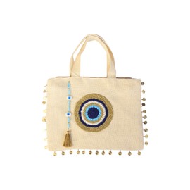 Tote Bag for Women with Handmade Crochet Evil Eye Natural Jute Beach Bag Waterproof Lining Off-White