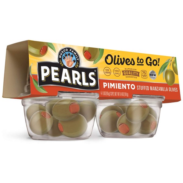 Pearls Olives To Go!, Pimiento Stuffed, Spanish Green Olives, 1.6 oz, 24-Cups